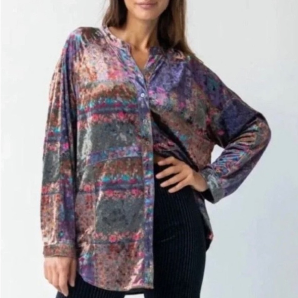 NATURAL LIFE Boho Floral Velvet Button-Front Blouse Women Sz S Oversized